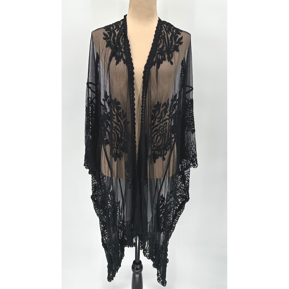 Daytrip Womens Black Mesh Embroidered Lace Witchy Goth Kimono Wrap Cardigan M